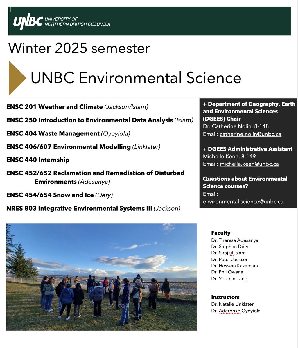 UNBC_GEES's tweet photo. 🌏☑️Planning your Winter 2025 semester? We welcome students from a wide range of programs to join our courses  #snow #ice #research #GIS #climate #disturbedenvironments #weather #dataanalysis #environmentalchange #naturalhazards #development #Arctic #geomorphology #community https://t.co/RI4WVLGpZJ