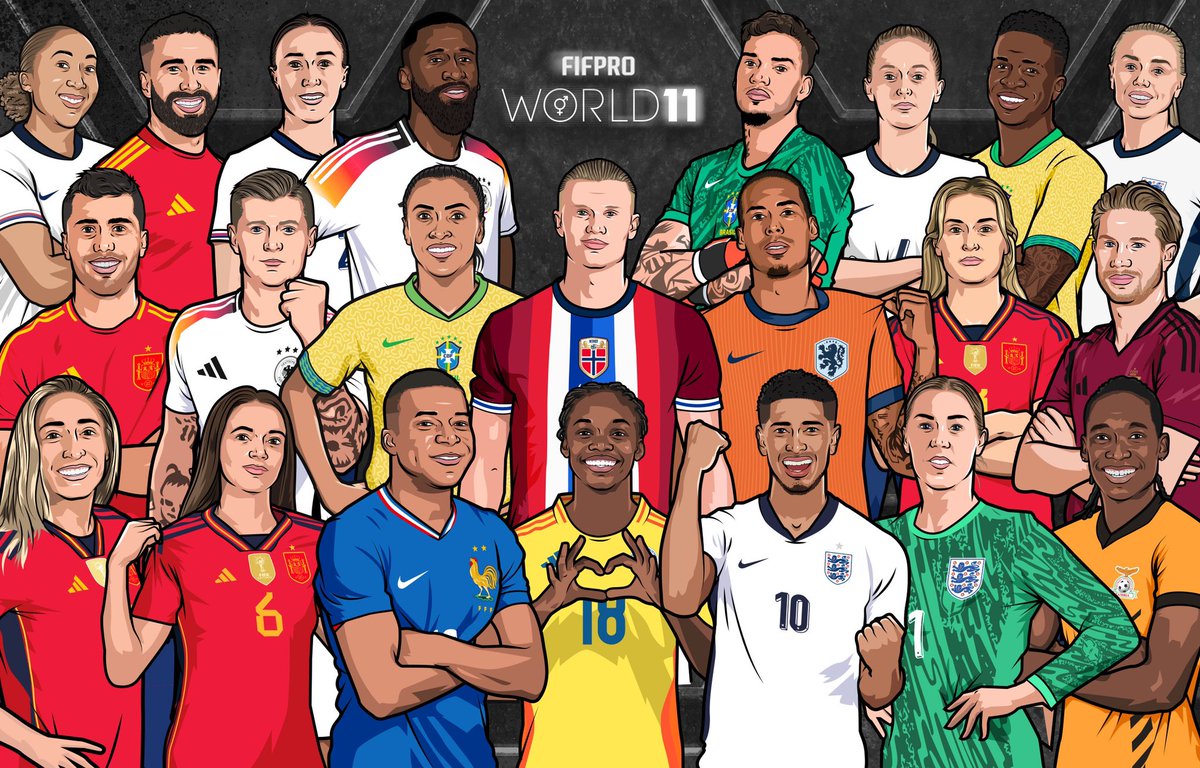 KieranCarroll's tweet photo. Delighted to have had the opportunity to create the announcement illustrations for the 2024 @FIFPRO #World11 

The illustrations feature the 11 best male and female players as voted by over 28,000 professional footballers from over 70 countries. 

#Fifpro #fifproworld11 #WorldXI https://t.co/vUP7ZeH64F