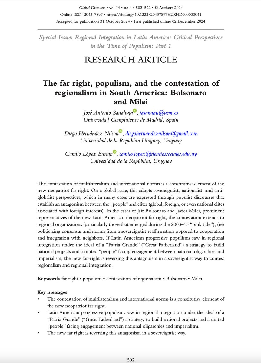 Con @JASanahuja y Diego Hernández trabajamos sobre Milei y Bolsonaro, su posición ante los regionalismos y pensamos esto desde el análisis de las ultraderechas y los rasgos populistas. Comentarios y críticas son bienvenidas, nos ayudan a mejorar el trabajo
bristoluniversitypressdigital.com/view/journals/…