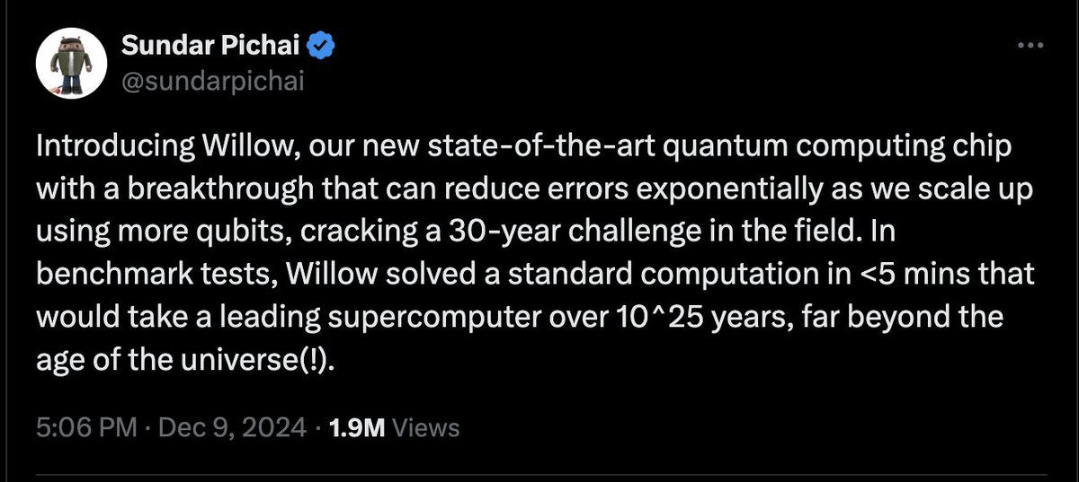 RadarHits's tweet image. BREAKING: ‼️🤖

Google makes quantum computing breakthrough with new chip capable of solving computational problems in under 5 minutes, that would otherwise take the leading supercomputer: 10,000,000,000,000,000,000,000,000 years