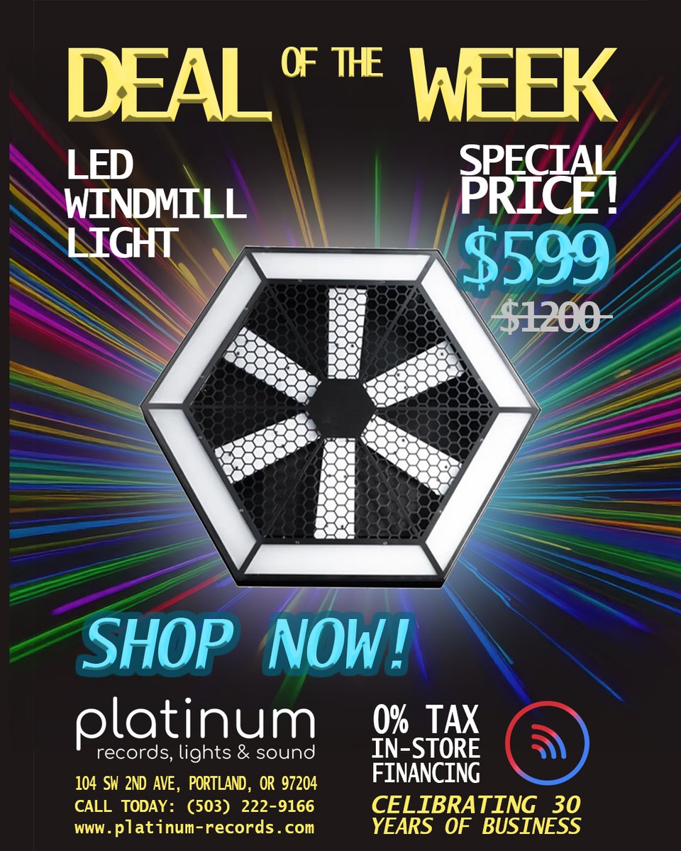 🌟 DEAL OF THE WEEK! 🌟

💡 LED Windmill Light 💡
Was: $1200
NOW: $599

🔥 Get yours before it’s gone! 🔥
👉 platinum-records.com

#DealOfTheWeek #LEDWindmillLight #DJLighting #EventGear #PlatinumRecords