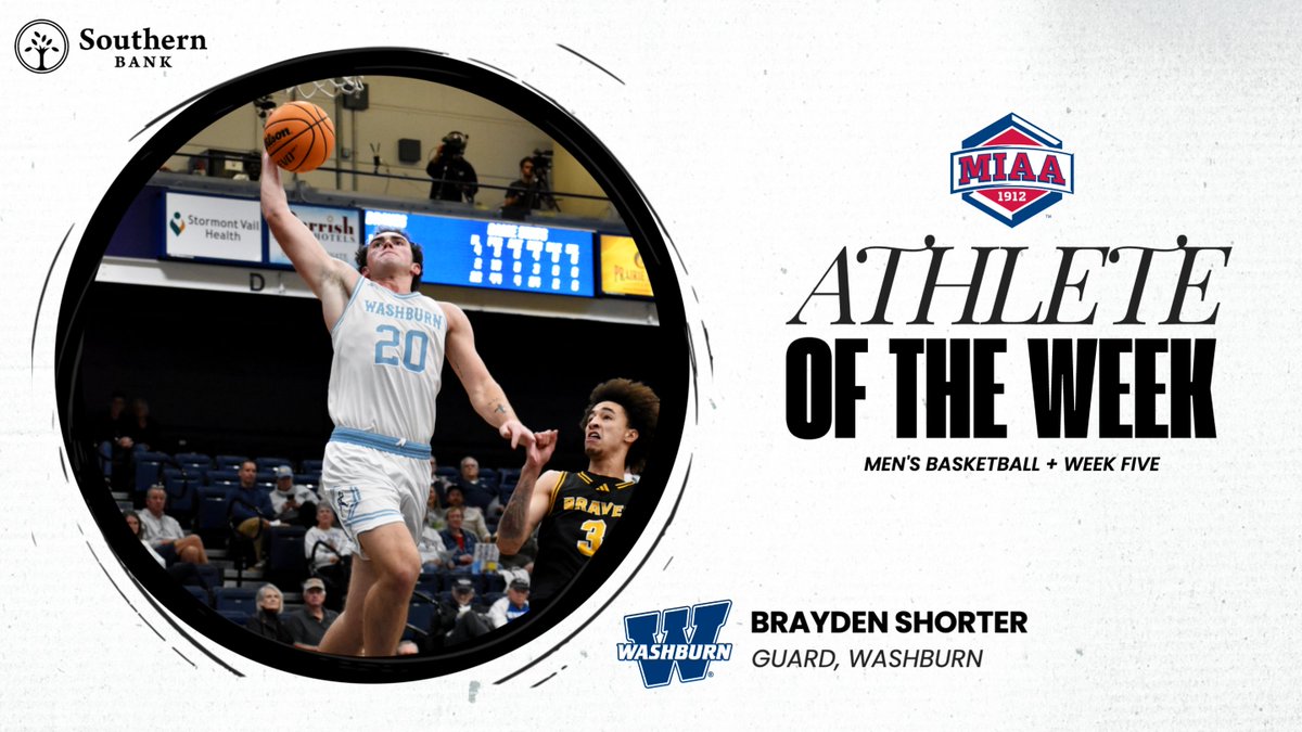 The MIAA (@themiaa) on Twitter photo Washburn men's basketball picks up its πππππ
weekly honor of the season with Brayden Shorter named Week Five's MIAA Men's Basketball πΌππππππ ππ πππ ππππ, presented by <a href="/Southernbank1/">Southern Bank</a> π©β€΅οΈ
π° themiaa.com/news/2024/12/9β¦
#BringYourAGame Washburn men's basketball picks up its πππππ
weekly honor of the season with Brayden Shorter named Week Five's MIAA Men's Basketball πΌππππππ ππ πππ ππππ, presented by <a href="/Southernbank1/">Southern Bank</a> π©β€΅οΈ
π° themiaa.com/news/2024/12/9β¦
#BringYourAGame