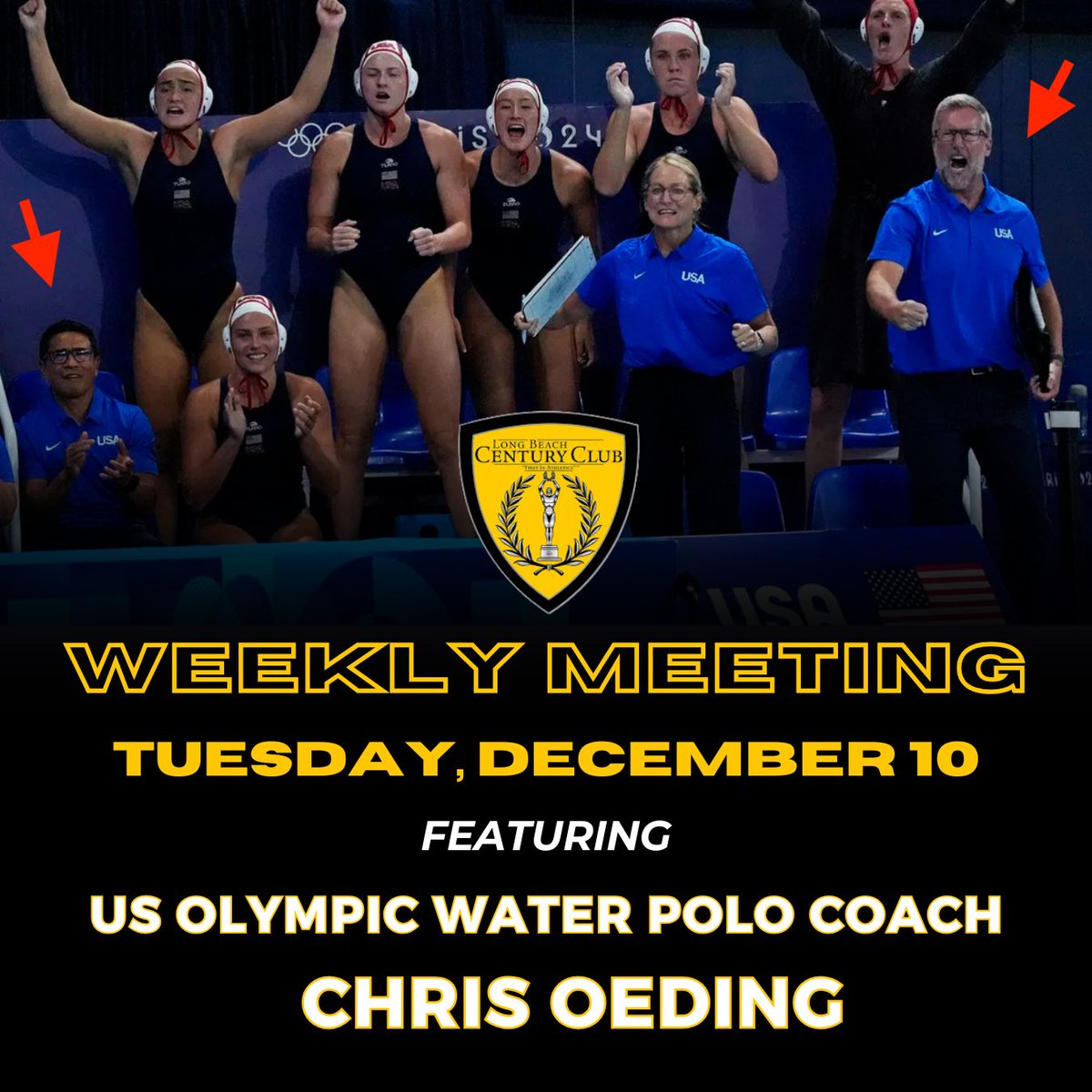 🏆 Dive in this Tuesday for a USA Women’s Water Polo Olympic Recap with:
🤽‍♀️ Coach Chris Oeding – Hall of Famer &amp; LBCC State Champ
🩺 Dr. Elmo Agatep – Team Doctor

📍 Watch Me Sports Bar (6527 E. PCH, LB 90803)
⏰ Social 5 PM
Meeting 6 PM

Don’t miss this gold-medal lineup! 🏅