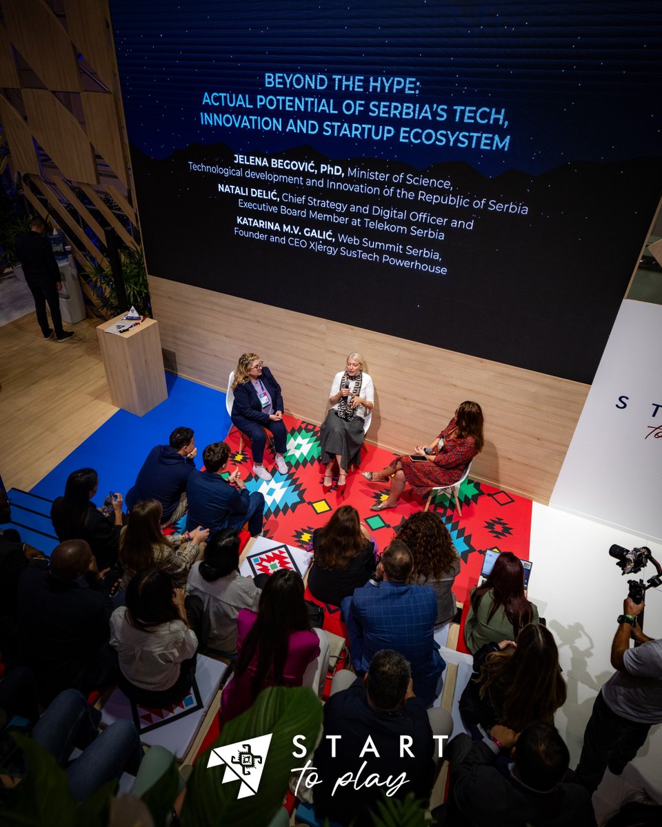 starttoplay_rs's tweet photo. A panel featuring @drjelenabegovic, Minister of  Science, Technological Development, and Innovation, Natali Delić, Chief Strategy and Digital Officer at Telekom Serbia, and Katarina M.V. Galić, Founder and CEO of X|ergy SusTech Powerhouse. 
#Serbia-rising star on the global stage https://t.co/uxw4Hwcqh8