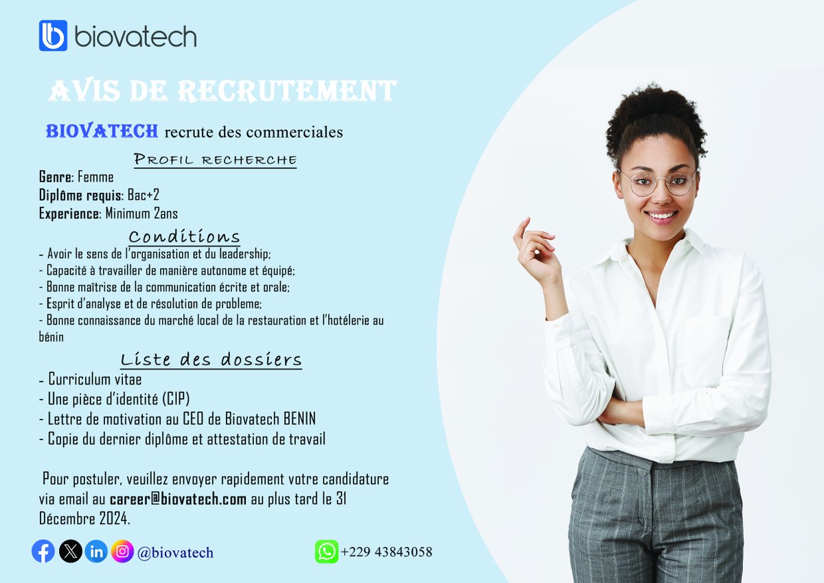 BiovaTech's tweet image. Biovatech BENIN lance un recrutement au poste de :
 Agent commercial (femme) – Vente de Plateforme de Livraison et Réservation Intelligente pour Restaurants et Hôtels
 L’Agent Commercial aura pour mission de promouvoir et vendre une plateforme de livraison et de réservation