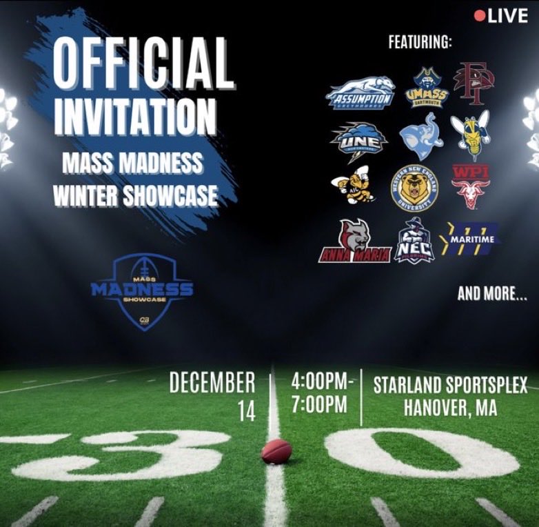 JoshuaLaba75295's tweet photo. Thankful for the official invite to the Mass Madness Winter Showcase
⁦@CoachPinaQBV⁩ ⁦@QBVelocity⁩ https://t.co/opXOf7wBzx
