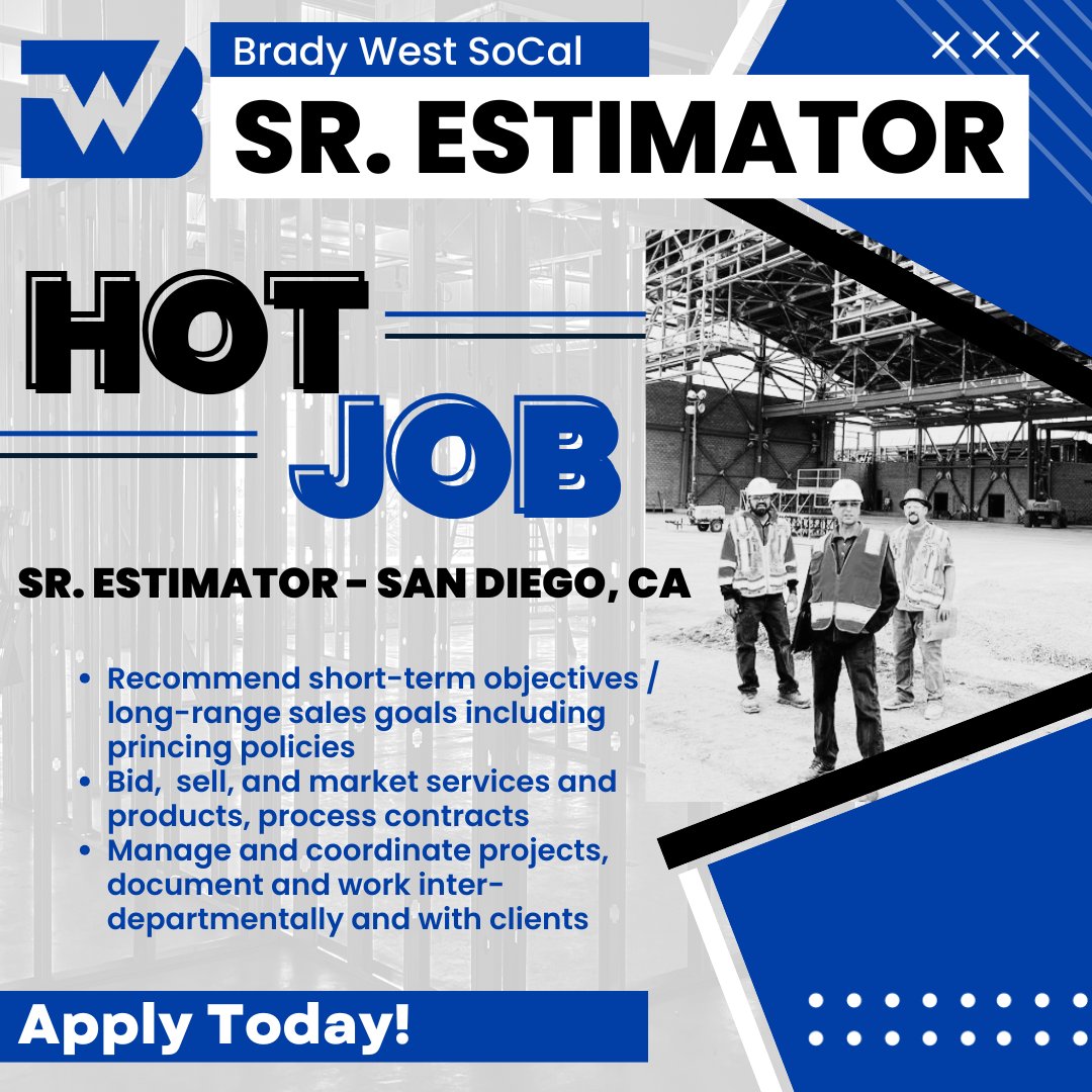 BradyCompanies's tweet image. Brady West - SoCal, a division of Brady West, Inc, is hiring for a Senior Estimator! Apply today on our LinkedIn page!

#SeniorEstimator #BradyWestSoCal #PassionatePeopleBuildingExcellence