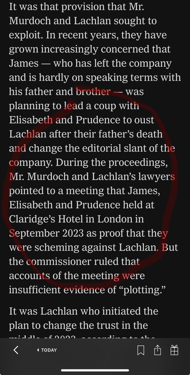 davidyelland's tweet image. ⁦@nytimes⁩ detail on Murdochs reveals the extraordinary suggestion Pru and Liz held a coup meeting at Claridge's in 2023 PS Nothing on @FT yet - are they asleep?