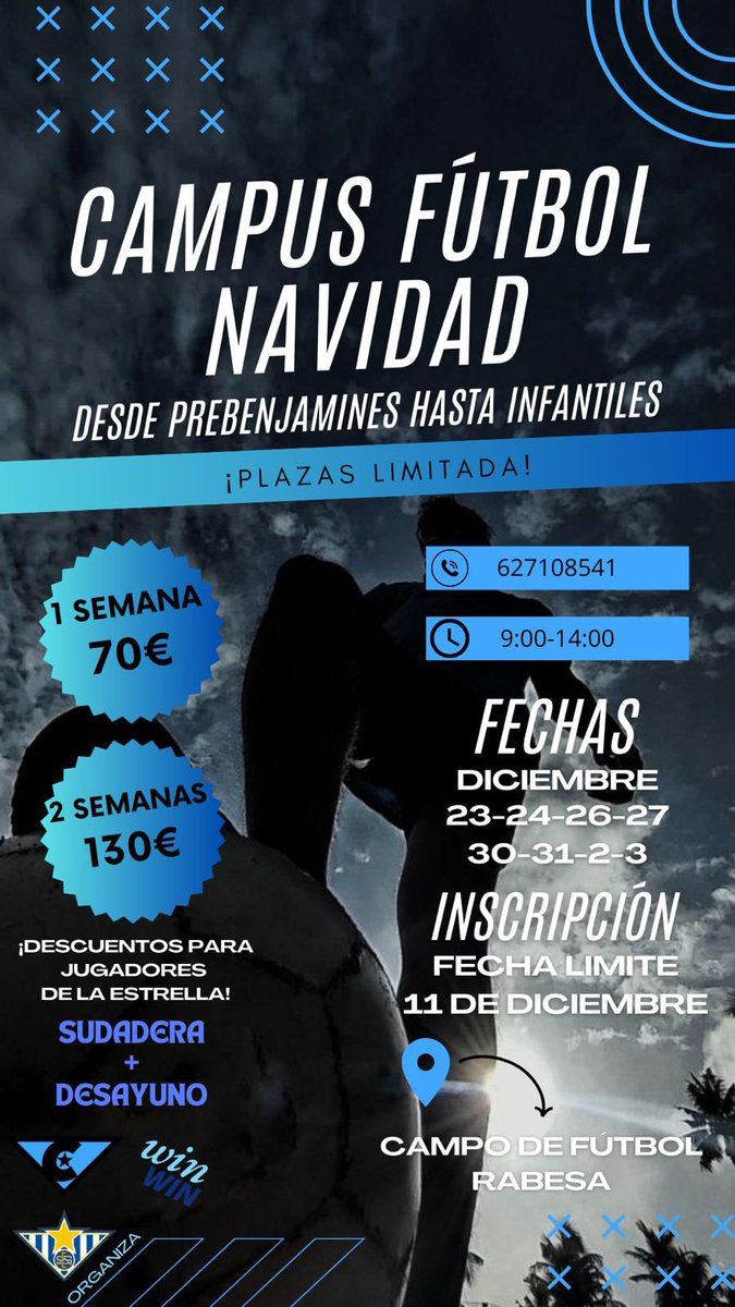 🔹| Campus navideño

Pasa unas navidades 🎄 llenas de a𝐩r𝐞n𝐝i𝐳a𝐣e, 𝐝i𝐯e𝐫s𝐢ó𝐧 𝐲 𝐬o𝐛r𝐞 𝐭o𝐝o F𝐔́T𝐁O𝐋⚽️? 

Llega el Campos Fútbol Navidad Estrella San Agustín CF🤩.

ÚLTIMAS PLAZAS‼️

Para +𝐢𝐧𝐟𝐨, contactar al número 📲627108541