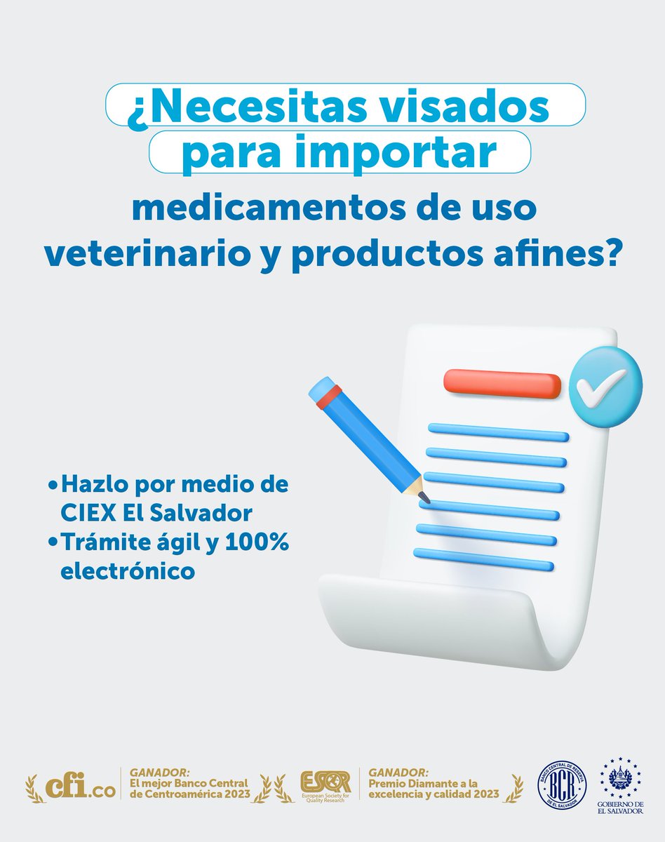 bcr_sv's tweet photo. Gestiona tus visados para importar medicamentos de uso veterinario y productos afines, totalmente en línea a través de CIEX El Salvador: https://t.co/wbT5luXdvQ ✅ https://t.co/K858EjAgep