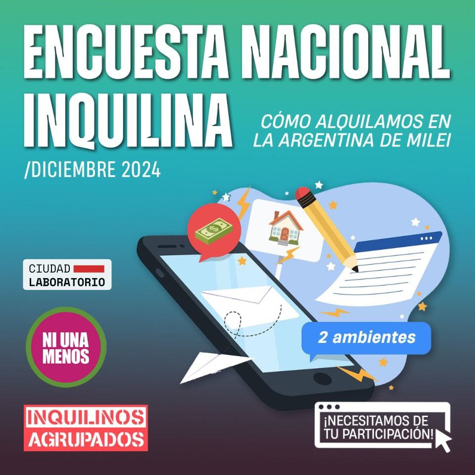 InquilinosR's tweet photo. ENCUESTA NACIONAL INQUILINA
Dic/2024

Queremos pedirte que completes la Encuesta Inquilina para saber en qué situación estamos los inquilinos y las inquilinas de la Argentina a un año del gobierno de Milei.

Link: https://t.co/HUCLVtlL93

¡Muchas gracias por tu participación! https://t.co/kkgd46tVMa