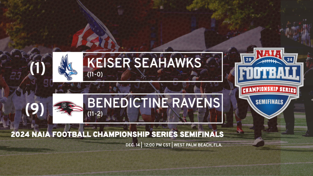 (9) <a href="/RavenFootballBC/">Benedictine Football</a> draws (1) Keiser University in NAIA FCS Semifinals on Saturday in West Palm Beach, Fla. ravenathletics.com/x/6m7il #HeartFB #UnleashGreatness