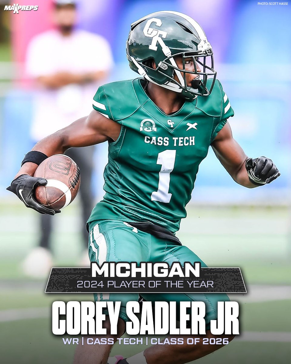 MaxPreps's tweet photo. Corey Sadler Jr. named 2024 MaxPreps Michigan High School Football Player of the Year. 🔥🏆

Full story ⬇️
https://t.co/jTUvIs3tty https://t.co/ta9tpWy7xA