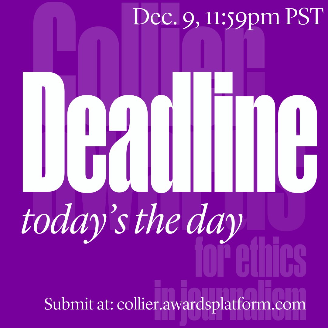 ⏰⏰⏰ The clock is ticking ... but there's still time! You have eleven hours to submit to the #CollierAwards for Ethics in Journalism in our student, local, and national/international categories.  

Apply in less than 30 minutes! Link below ⬇️ collier.awardsplatform.com