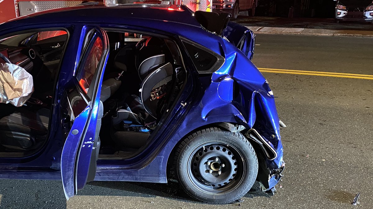 There’s been a three-vehicle collision at the intersection of Commonwealth Avenue and Whiteley Drive causing extensive damage to one vehicle that was rear-ended by a jacked up pick up truck. Two children in the back of the car are now being checked by paramedics.