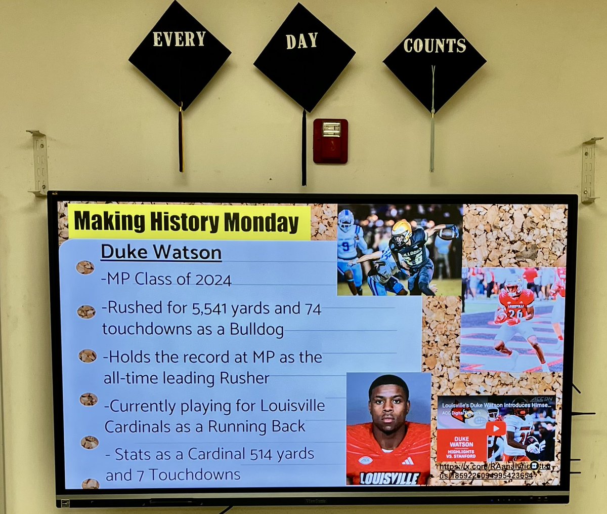 RMorgan_SS's tweet photo. Today for Making History Monday we recognized Duke Watson. Students nominated him and we acknowledged his impact on MP and celebrated how well he’s doing in his 1st season as a Cardinal. We’re ready to see the Cardinals win the Sun Bowl! @Duke2_smooth @LouisvilleFB @MPHSFootball https://t.co/5SOxxNtpDh