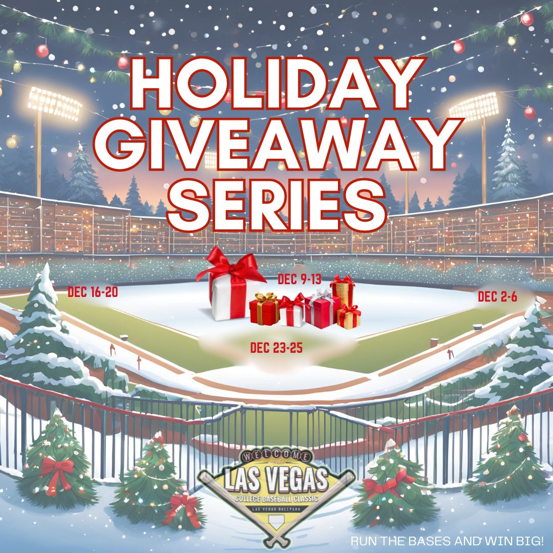 LLL_LasVegasCBC's tweet photo. Second Base Giveaway❄️⚾️
Prizes: 
⁃Four Weekend Passes to the Las Vegas CBC (bundle) 
⁃$50 Raising Canes E-gift card
⁃Baseball cap with your team’s logo! 

To enter:
⁃Make sure you are following us 
⁃Repost this post 
⁃Quote this post and tag a friend 
⁃Fill out this form: https://t.co/WrMhodGUyH
Run the bases and win big with the #BestOutsideofOmaha #ncaabaseball #christmasgiveaways