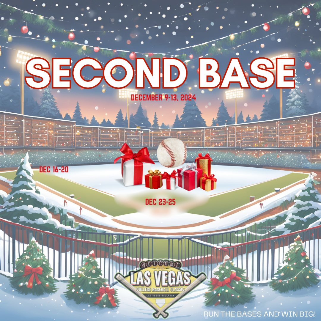 LLL_LasVegasCBC's tweet photo. Second Base Giveaway❄️⚾️
Prizes: 
⁃Four Weekend Passes to the Las Vegas CBC (bundle) 
⁃$50 Raising Canes E-gift card
⁃Baseball cap with your team’s logo! 

To enter:
⁃Make sure you are following us 
⁃Repost this post 
⁃Quote this post and tag a friend 
⁃Fill out this form: https://t.co/WrMhodGUyH
Run the bases and win big with the #BestOutsideofOmaha #ncaabaseball #christmasgiveaways