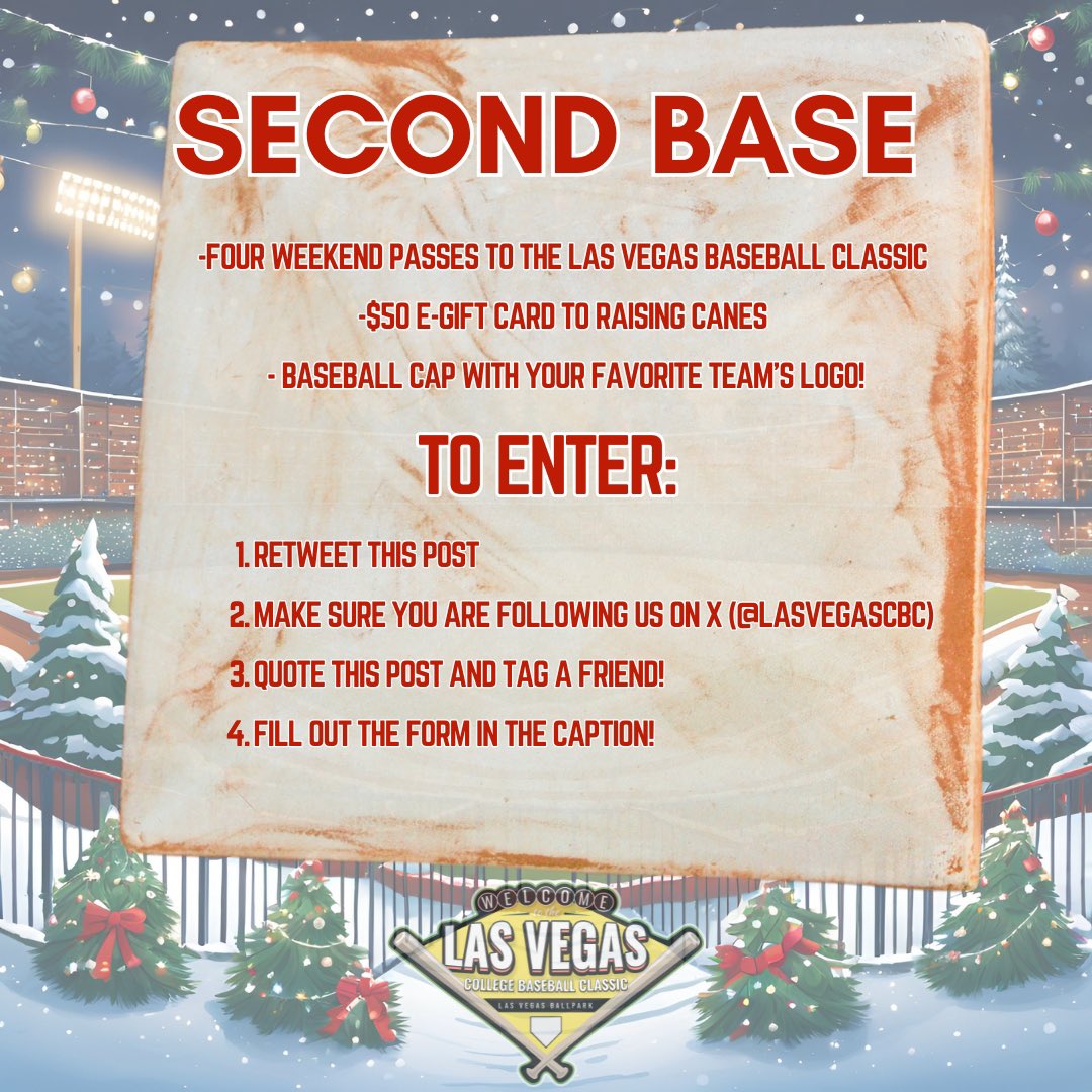 LLL_LasVegasCBC's tweet photo. Second Base Giveaway❄️⚾️
Prizes: 
⁃Four Weekend Passes to the Las Vegas CBC (bundle) 
⁃$50 Raising Canes E-gift card
⁃Baseball cap with your team’s logo! 

To enter:
⁃Make sure you are following us 
⁃Repost this post 
⁃Quote this post and tag a friend 
⁃Fill out this form: https://t.co/WrMhodGUyH
Run the bases and win big with the #BestOutsideofOmaha #ncaabaseball #christmasgiveaways