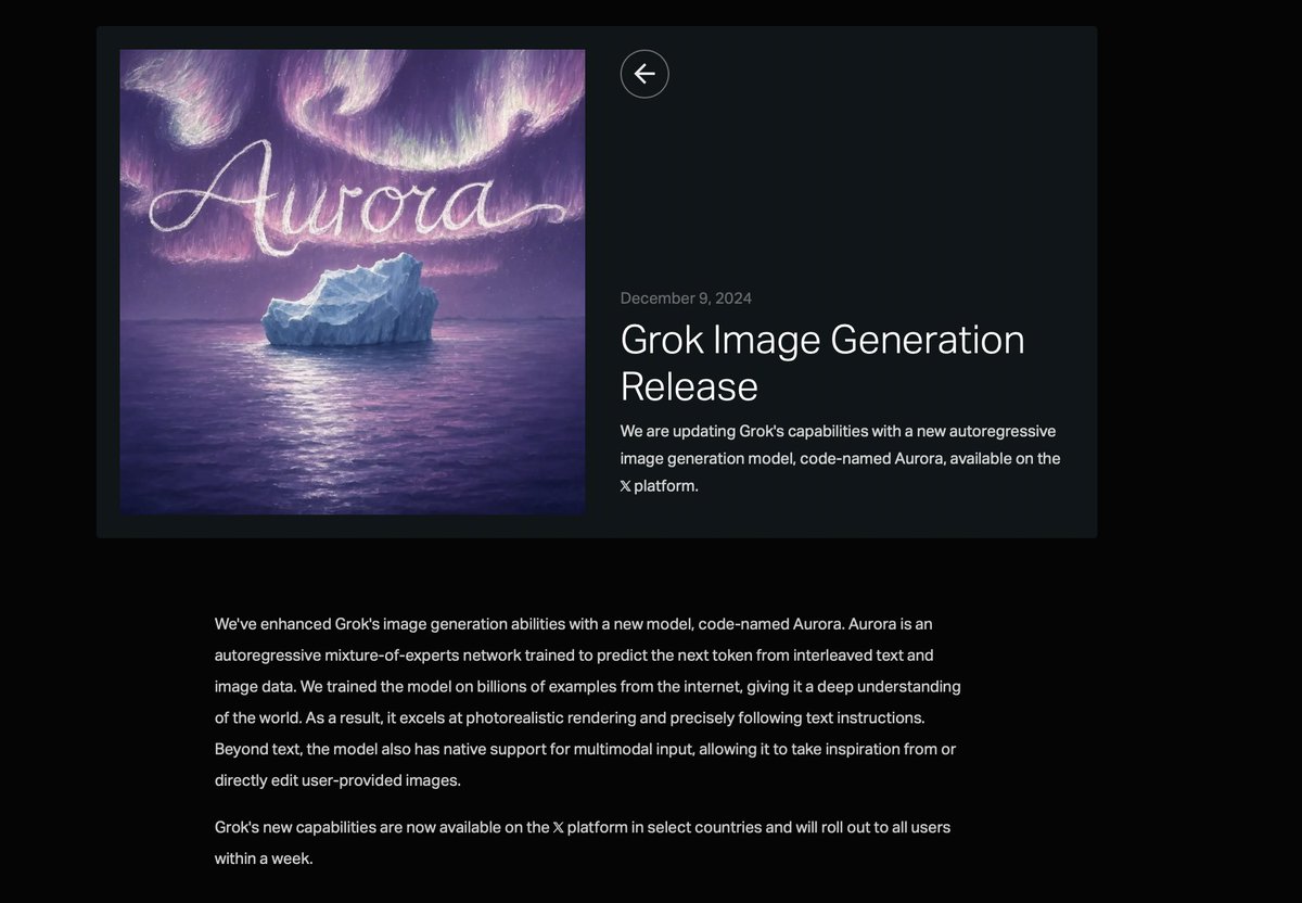 SawyerMerritt's tweet photo. NEWS: @xai has released a new blog about their next-generation image generator.

"We've enhanced Grok's image generation abilities with a new model, code-named Aurora. Aurora is an autoregressive mixture-of-experts network trained to predict the next token from interleaved text and image data. We trained the model on billions of examples from the internet, giving it a deep understanding of the world. As a result, it excels at photorealistic rendering and precisely following text instructions. Beyond text, the model also has native support for multimodal input, allowing it to take inspiration from or directly edit user-provided images."