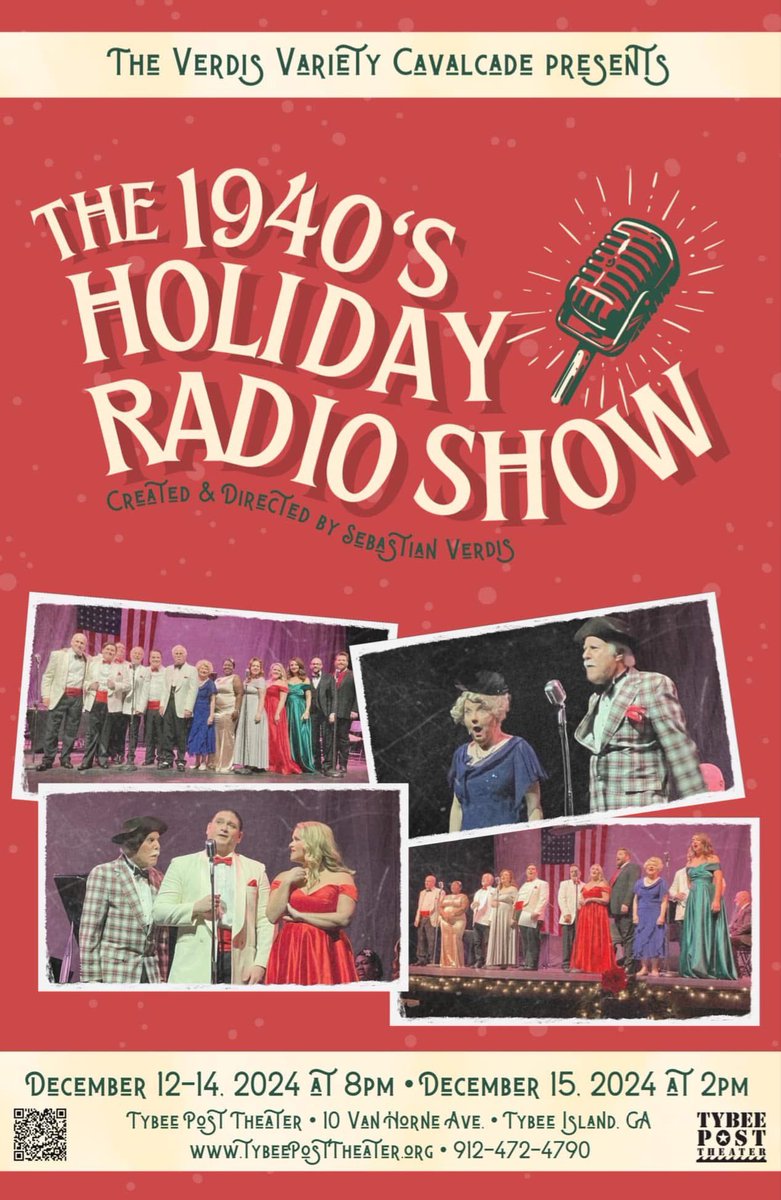 Check it out! I will be appearing in "The 1940's Holiday Radio Show" at the Tybee Post Theater, 🎭 this Friday Night! Come see us as we take you back in time for some Christmas Fun! 

Click the link for Tickets for this show or any other one: ci.ovationtix.com/36415/producti…