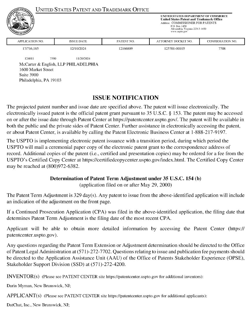 PatentGrants's tweet photo. $DATS DatChat will be issued US patent number 12,166,889 tomorrow titled "BLOCKCHAIN-BASED COMMUNICATION SYSTEMS AND METHODS". https://t.co/fCwJtssBR1