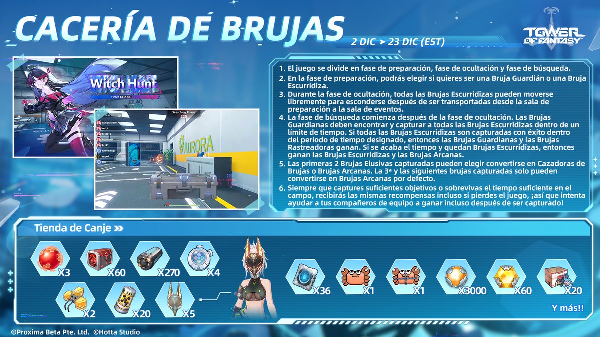 #TowerofFantasy ⚔ Cacería de Brujas

▶ Periodo del evento: hasta el 23 de diciembre (EST)

▽ Brujas elusivas, tengan cuidado y no se dejen capturar.
¡La tienda de intercambio tiene el accesorio "Máscara de Anubis" y otras recompensas disponibles para canjear! 🎁
