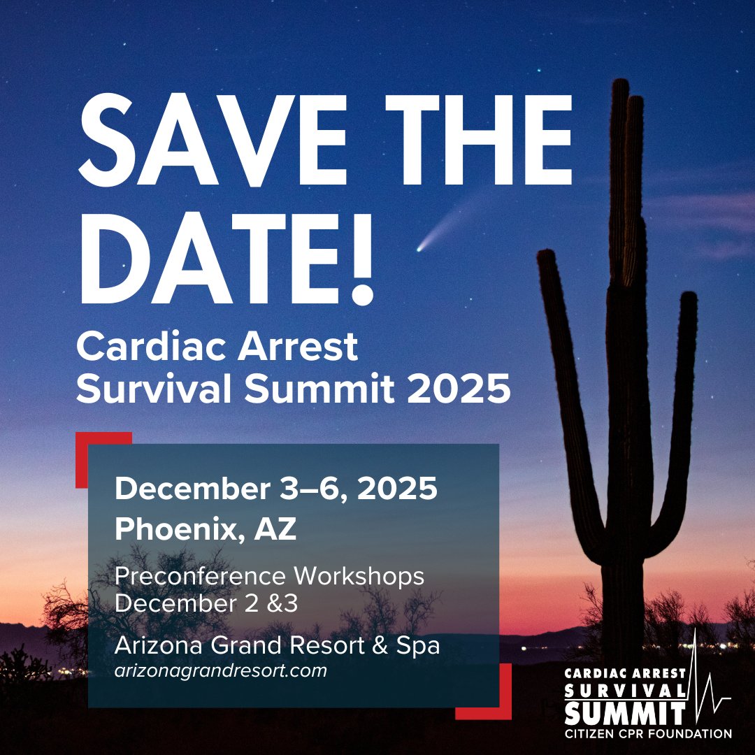 Citizen CPR Foundation (@citizencprf) on Twitter photo In case you missed it: Save the Date for #CASSummit2025 Dec. 3-6, 2025 in Phoenix!
We’ll be sharing more info on presentations and sponsors in the coming weeks.
Got questions now? Reach out at info@citizencpr.org.
Stay tuned for updates—we can’t wait to see you there! In case you missed it: Save the Date for #CASSummit2025 Dec. 3-6, 2025 in Phoenix!
We’ll be sharing more info on presentations and sponsors in the coming weeks.
Got questions now? Reach out at info@citizencpr.org.
Stay tuned for updates—we can’t wait to see you there!