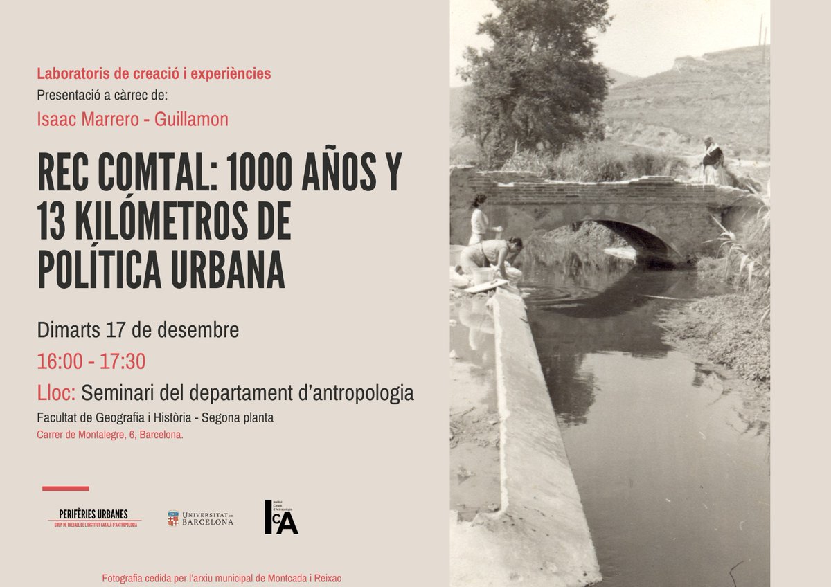 Dimarts vinent durem a terme la primera sessió de laboratoris de creació i experiències. 

En aquesta sessió l'Isaac Marrero ens parlarà sobre el seu procés creatiu i d'escriptura al voltant d'una infrastructura hídrica de Barcelona, el Rec Comtal.