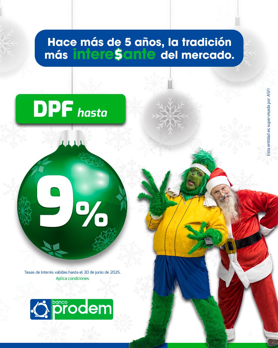 🎄 Estas fiestas, dale un regalo especial a tus ahorros en Banco Prodem. Con tasas hasta el 9% en DPF, transforma tus sueños en realidad mientras celebras. 🎁

#BancoProdem #NavidadConProdem #AhorroInteligente