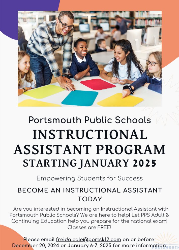 Beth Mills (@bethmills02) on Twitter photo Want to be a Para or Instructional Assistant but need help passing the National Exam? PPS Adult and Continuing Education is accepting applications! Classes are free! <a href="/ebracyPPS/">Dr. Elie Bracy III</a> <a href="/nicscud/">Nicole DeVries</a> <a href="/SLMillaci/">Mr. Shawn L. Millaci</a> <a href="/PortsVASchools/">Portsmouth Schools</a> <a href="/LWNolasco/">Lauren Nolasco, APR</a> <a href="/HR_PPS/">PPSHR</a> Want to be a Para or Instructional Assistant but need help passing the National Exam? PPS Adult and Continuing Education is accepting applications! Classes are free! <a href="/ebracyPPS/">Dr. Elie Bracy III</a> <a href="/nicscud/">Nicole DeVries</a> <a href="/SLMillaci/">Mr. Shawn L. Millaci</a> <a href="/PortsVASchools/">Portsmouth Schools</a> <a href="/LWNolasco/">Lauren Nolasco, APR</a> <a href="/HR_PPS/">PPSHR</a>