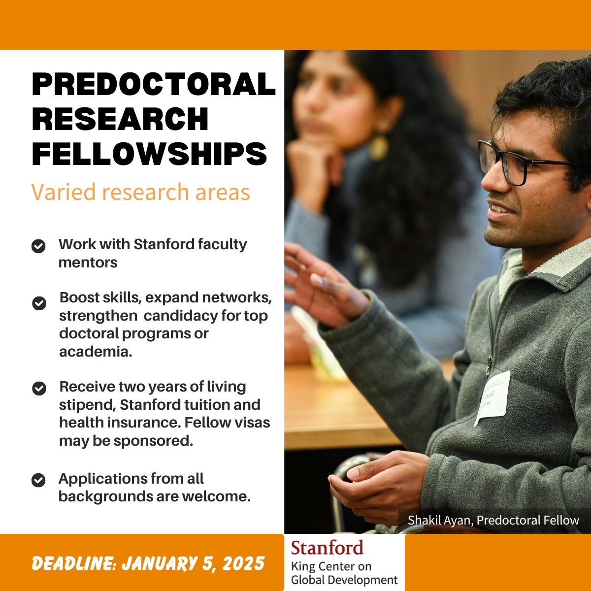 Stanford King Center on Global Development (@stanfordkingctr) on Twitter photo #Predoc #Fellowship opp:
🌏Collaborate on #globaldevelopment research projects with Stanford faculty mentors
✅Stanford tuition/living/health included
<a href="/econ_ra/">Econ RA Listings</a>
<a href="/CEGA_UC/">Center for Effective Global Action (CEGA)</a>
<a href="/YaleEGC/">Yale Economic Growth Center</a>
<a href="/DILatUChicago/">Development Innovation Lab</a>
<a href="/JPAL/">J-PAL</a>
<a href="/The_IGC/">International Growth Centre</a>
<a href="/poverty_action/">Innovations for Poverty Action</a>
<a href="/CGDev/">Center for Global Development</a>
<a href="/WorldBank/">World Bank</a>
<a href="/IFC_org/">IFC</a>
<a href="/USAID/">USAID</a>
<a href="/Arnold_Ventures/">Arnold Ventures</a> #Predoc #Fellowship opp:
🌏Collaborate on #globaldevelopment research projects with Stanford faculty mentors
✅Stanford tuition/living/health included
<a href="/econ_ra/">Econ RA Listings</a>
<a href="/CEGA_UC/">Center for Effective Global Action (CEGA)</a>
<a href="/YaleEGC/">Yale Economic Growth Center</a>
<a href="/DILatUChicago/">Development Innovation Lab</a>
<a href="/JPAL/">J-PAL</a>
<a href="/The_IGC/">International Growth Centre</a>
<a href="/poverty_action/">Innovations for Poverty Action</a>
<a href="/CGDev/">Center for Global Development</a>
<a href="/WorldBank/">World Bank</a>
<a href="/IFC_org/">IFC</a>
<a href="/USAID/">USAID</a>
<a href="/Arnold_Ventures/">Arnold Ventures</a>