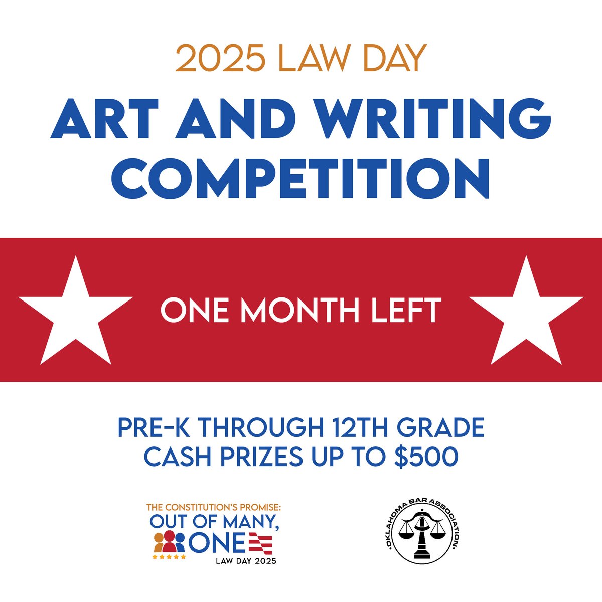 📣 There's ONE MONTH left to submit entries to the 2025 Law Day Art and Writing Contest. You can mail or hand-deliver entries to the Oklahoma Bar Center. 

Judging is based on originality and interpretation of the theme.

See all submission details: okbar.org/lawday/contest