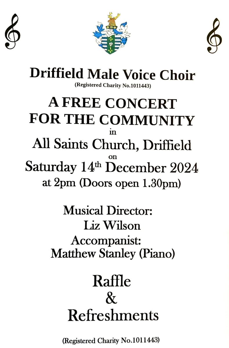 DriffieldMVC's tweet image. We love spreading joy through song and as part of our “Choir Supporting the Community” project, we’re putting on a free concert at 2pm on Saturday 14 December!

We’ll even sing some of your favourite carols too!

Merry Christmas indeed!

#Driffield
#DMVC
#CommunitySupport
