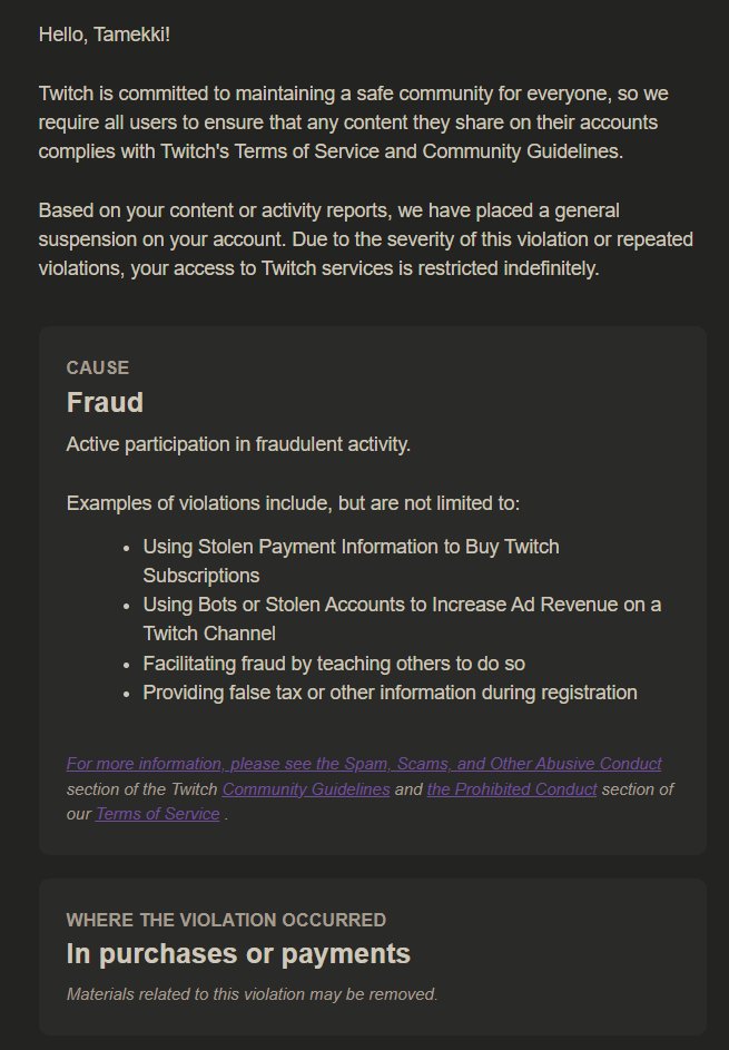 Tamekki_Ttwitch's tweet photo. Friends, my @Twitch account has been blocked for alleged fraud, which I did not commit. I was previously unbanned after verification, but the situation has reoccurred and appeals are no longer accepted. Please help spread this tweet so @TwitchSupport takes notice! 🙏💜 #TwitchBan https://t.co/eLtSBY6kPe
