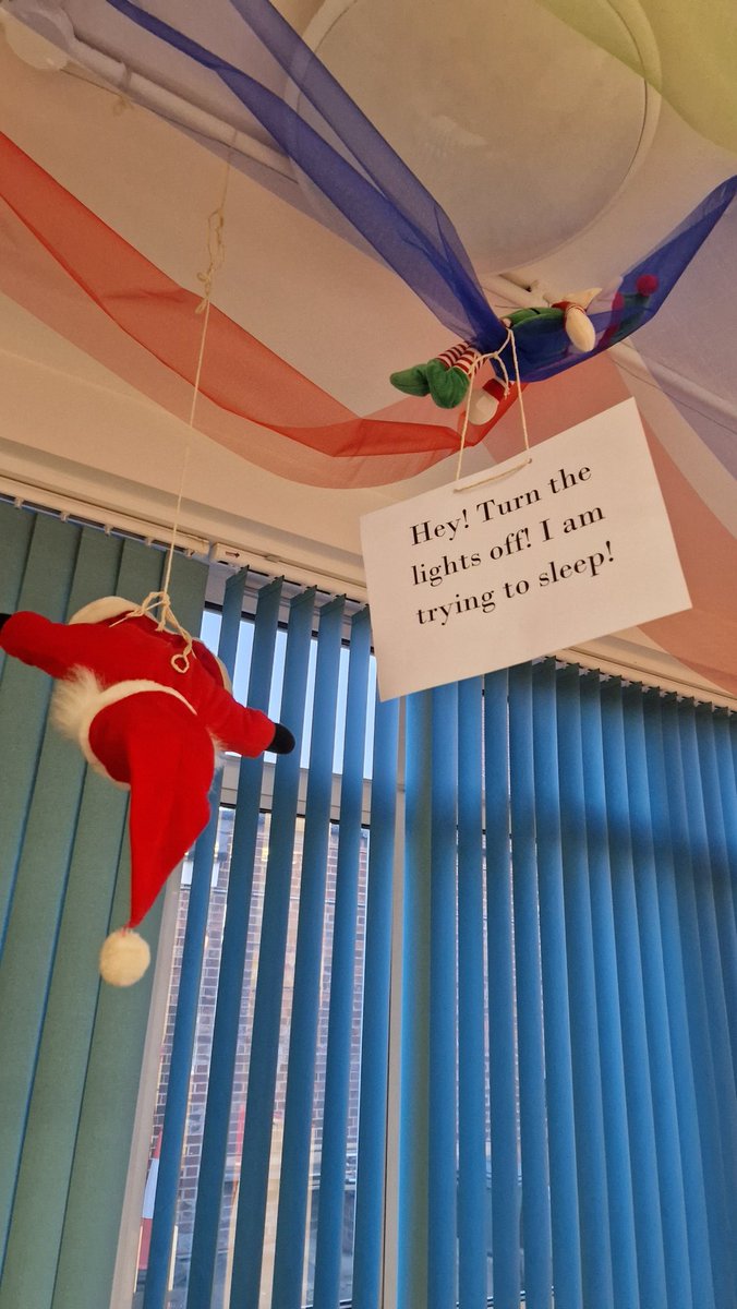 Oh dear! Sparkles was at it again! This morning, I came in to see this! He tried sleeping above our 📚 corner and even took our poor Santa! Keep an eye out tonight 👀 <a href="/TVInfants/">Thames View Infants</a> <a href="/Amy_TVI/">Amy Windsor</a> <a href="/lakshmiTVI/">Lakshmi H Nair</a> <a href="/Amy_TVI/">Amy Windsor</a>