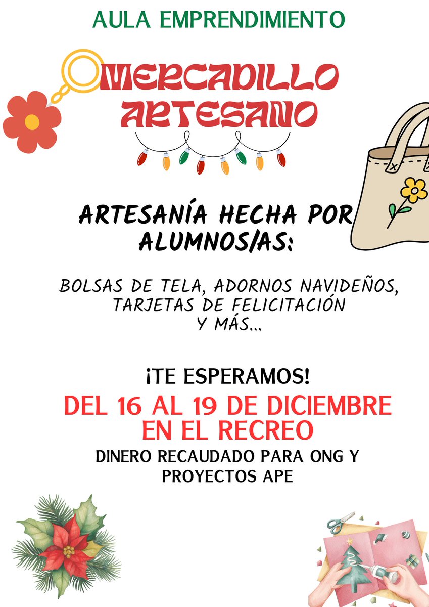 📢📢 Pasate por el *Mercadillo Artesano* del 16 al 20, en el recreo. Organiza el aula APE.
Compra tus 🎁 de artesanía hecha por alumnas/os de Textil.