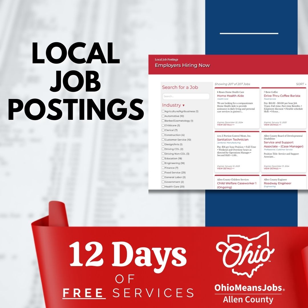 OMJAllenCounty's tweet photo. 🎄Day 9 of #12DaysofServices with OMJ Allen County!  We feature Local Job Postings to connect you with employers right here in our community.
➡️Browse a variety of job openings
➡️Find positions that match your skills and interests
➡️Get help applying https://t.co/nGGsStgH6Y
