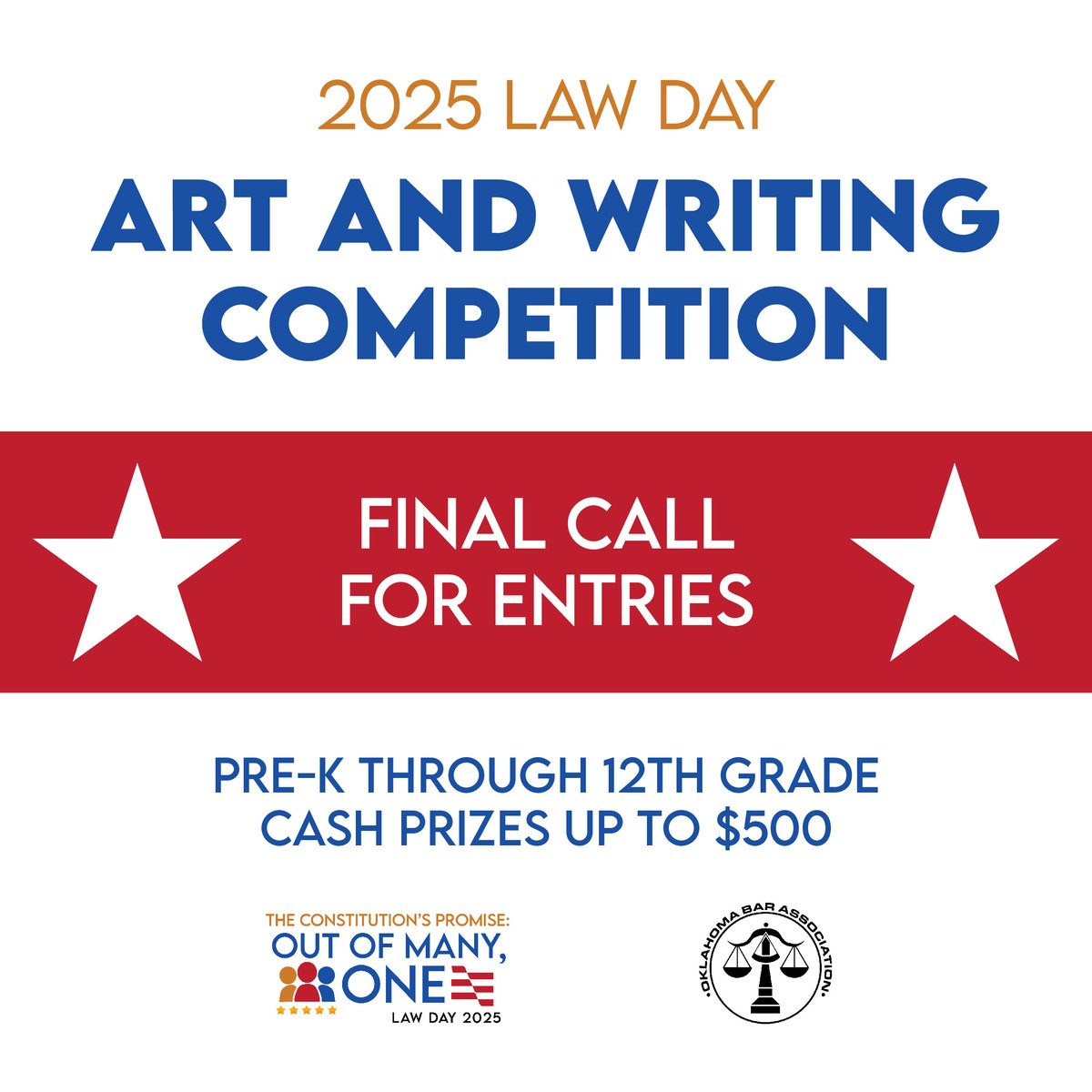 Entries for the Law Day Art and Writing Contest are due this Friday. 

Submissions can be mailed or delivered by hand to the Oklahoma Bar Center and will be accepted as long as they're postmarked Jan. 24 or before. The Bar Center closes at 5 p.m.

Details: okbar.org/lawday/contest