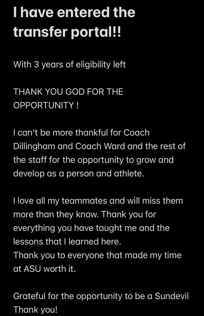 JamaalYoungII's tweet photo. I’m officially entering the transfer portal. 

Very thankful to all the great coaches and players I got to be around. 

Thank you Sun devil Nation🔱🖤 https://t.co/Uf30FwKuWl