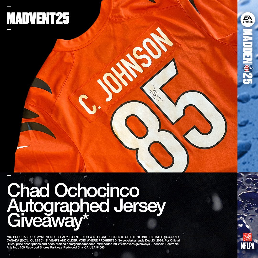 Get a Ratings Adjustor <a href="/ochocinco/">Chad Johnson</a> signed jersey for the #Madvent25 Holidays 📈

Comment below with #Madden25Sweeps and repost by 12/11/24 at 4pm ET to enter by for a chance to win.

NO PURCHASE NEC. U.S./Canada res. 18+ Ends 12/23/24. Visit x.ea.com/82686 for more