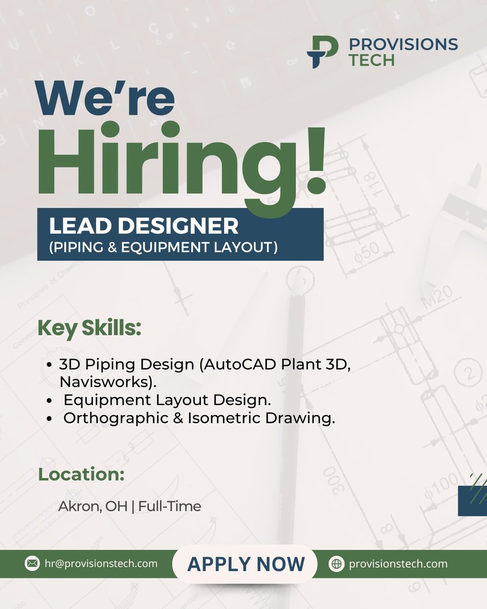 ProvisionsTech's tweet photo. We’re Hiring: Lead Designer (Piping & Equipment Layout)
📍 Location: Akron, OH | Full-Time
#MechanicalDesigner #PipingLayout #DesignEngineer #ProvisionsTech #AkronOHJobs #EngineeringJobs #NowHiring https://t.co/KK4omNuQjk
