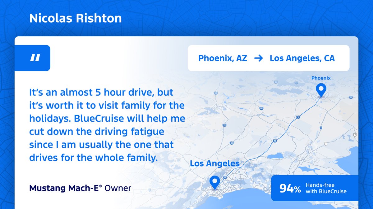 #BlueCruise from Phoenix to LA in a Mach-E! 94% of the journey will be hands-free on the highway with BlueCruise! Don't forget to share your journey with us. #BlueCruiseHolidays