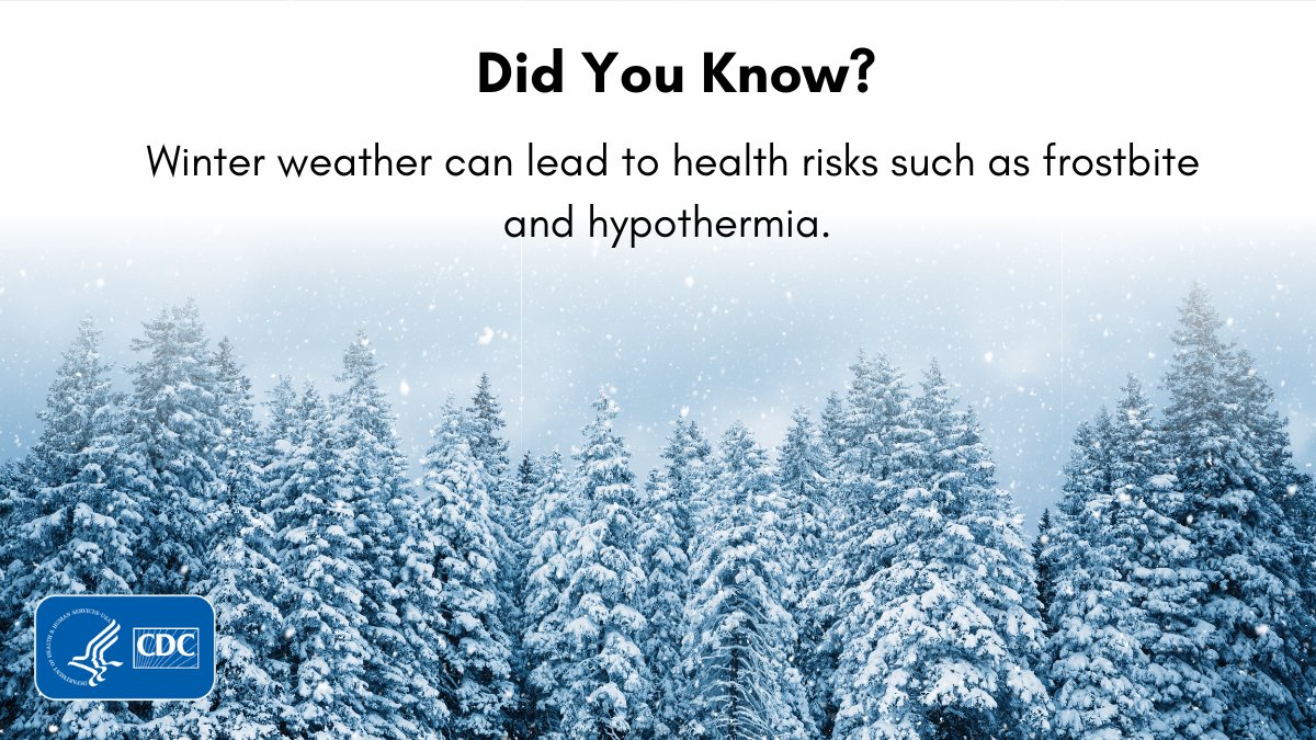 Be prepared to stay safe and healthy in winter weather. ❄️   

❄️ Have an emergency kit for your home and car.
❄️ Prepare for power outages and outdoor activity.   
❄️ Know the symptoms of frostbite and hypothermia. 

More tips to #PrepYourHealth: bit.ly/2F5p0UK