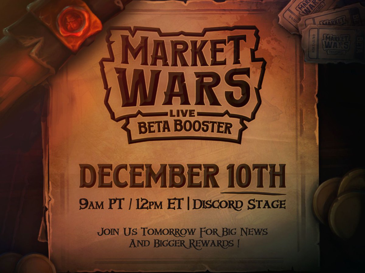 🎮 Calling all warriors!

🚀 Our Beta Booster Stage Event kicks off tomorrow in the Market Wars Discord!
Don’t miss exclusive updates, insider tips, and a chance to level up your Beta experience. 💥

📅 When: Tuesday, December 10th at 9am PT/12pm ET
📍 Where: Market Wars Discord