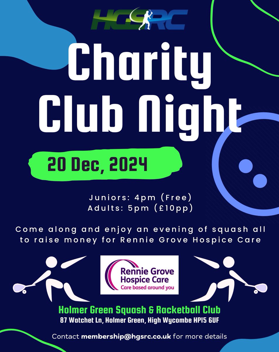 HGSRC's tweet photo. Upcoming Charity Club Night for Rennie Grove Hospice Care.

#buckinghamshire #squash #renniegrovehospicecare https://t.co/QZOvZ3mUet