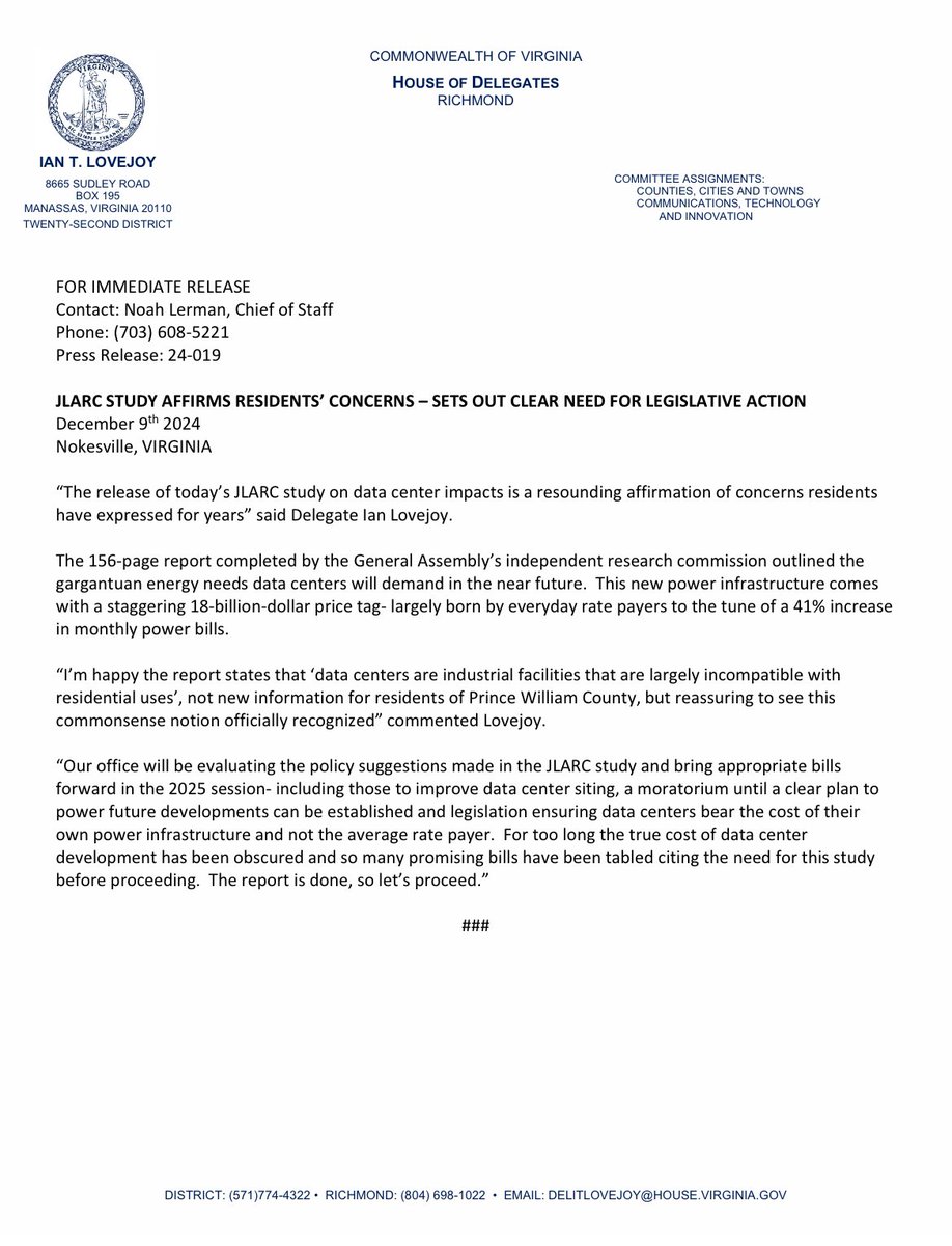 My statement on today’s JLARC report.