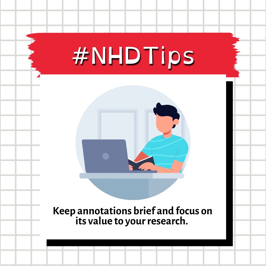 As students continue to research their topics, some may be ready to begin writing their annotations. Those who are should remember to keep them brief and that an annotation should NOT summarize the source but help the reader assess its value to your research. #NHDTips #NHD2025