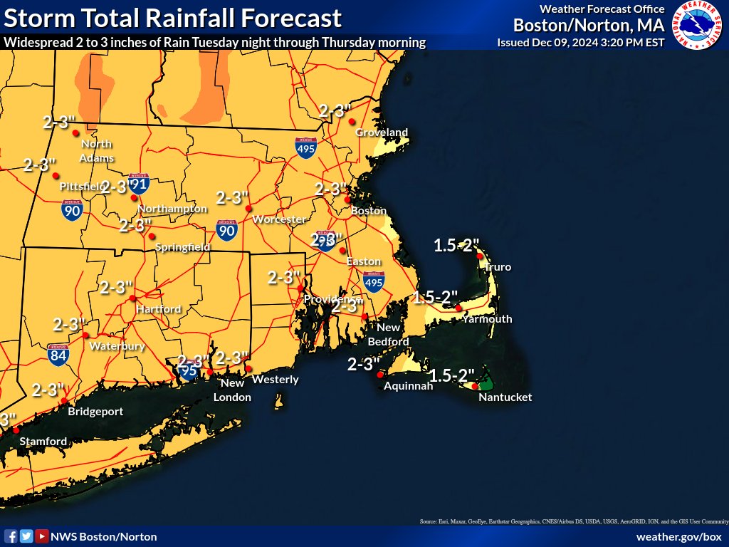 [Wed into Wed night] An impactful storm will bring heavy rainfall and strong coastal winds to SNE. Localized urban and poor drainage street flooding is possible with 50-60 mph wind gusts near the coast. The heaviest rain and strongest wind is expected late Wed and Wed evening.