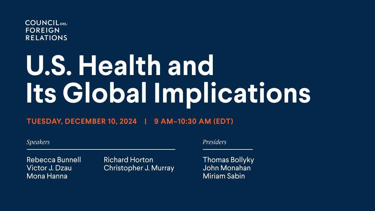 Tom Bollyky (@tombollyky) on Twitter photo Big news! Tomorrow, Dec 12, CFR and <a href="/TheLancet/">The Lancet</a> are hosting an event on US health at home & how it shapes US #globalhealth engagement abroad, with:
<a href="/richardhorton1/">richard horton</a>
<a href="/MonaHannaA/">Dr. Mona</a>
Victor Dzau <a href="/theNASEM/">National Academies</a>
Rebecca Bunnell <a href="/PEPFAR/">PEPFAR</a>
Chris Murray <a href="/IHME_UW/">Institute for Health Metrics and Evaluation (IHME)</a>
Watch here! cfr.org/event/us-healt… Big news! Tomorrow, Dec 12, CFR and <a href="/TheLancet/">The Lancet</a> are hosting an event on US health at home & how it shapes US #globalhealth engagement abroad, with:
<a href="/richardhorton1/">richard horton</a>
<a href="/MonaHannaA/">Dr. Mona</a>
Victor Dzau <a href="/theNASEM/">National Academies</a>
Rebecca Bunnell <a href="/PEPFAR/">PEPFAR</a>
Chris Murray <a href="/IHME_UW/">Institute for Health Metrics and Evaluation (IHME)</a>
Watch here! cfr.org/event/us-healt…